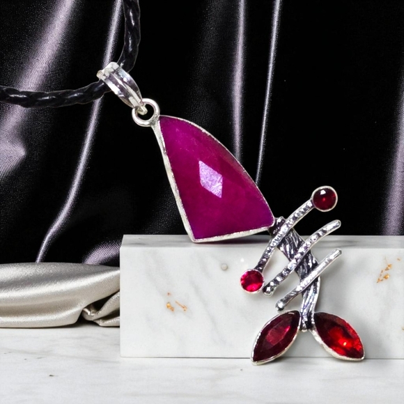 🆕Boho Luxe Ruby Garnet Pendant Necklace Handmade S925 with PU Leather Cord - Picture 1 of 12